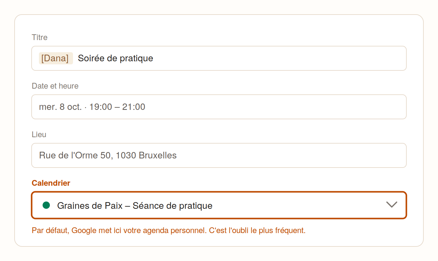 Boîte de saisie d'un événement dans Google Agenda : le champ Calendrier est encadré, avec la mention que Google y met par défaut votre agenda personnel.
